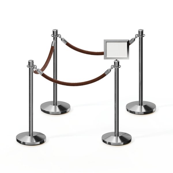 Montour Line Stanchion Post & Rope Kit Pol.Steel, 4CrownTop 3Tan Rope 8.5x11H Sign C-Kit-3-PS-CN-1-Tapped-1-8511-H-3-PVR-TN-PS